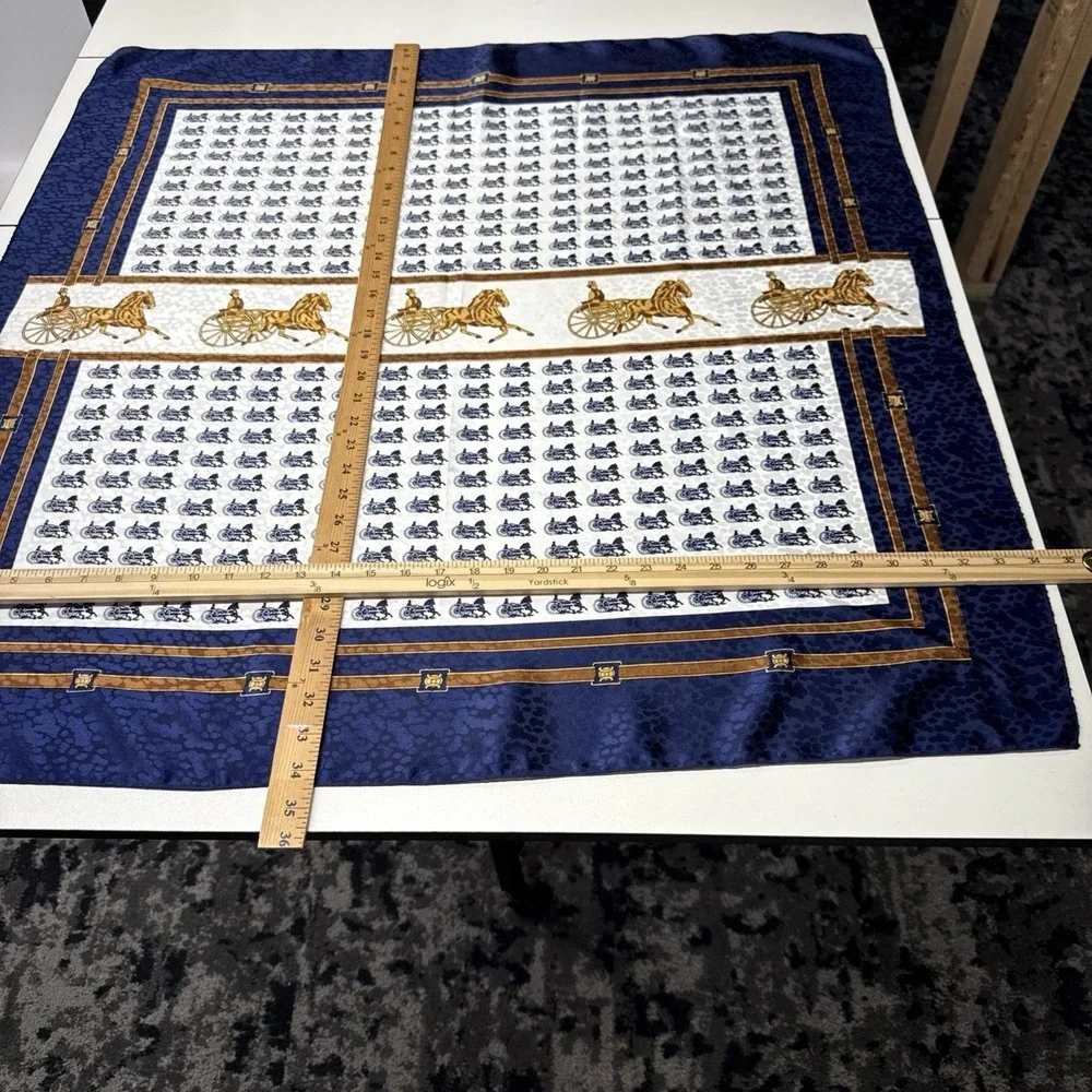 VTG Equestrian Satin Square Blue White Large Scarf 34